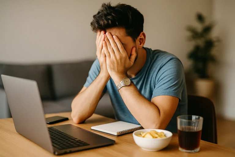 Jeune homme concentré assis dans un café, téléphone posé devant lui illustrant la dopamine détox et la gestion des addictions numériques