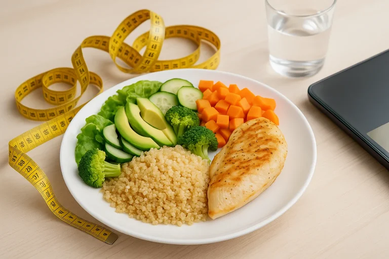 Assiette équilibrée composée de légumes colorés et d'un mètre ruban symbolisant le tour de taille, représentant la perte de poids saine et durable.