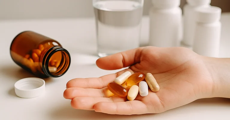 Main tenant plusieurs gélules multicolores avec un verre d’eau, illustrant l’usage des compléments alimentaires et leur rôle médical.