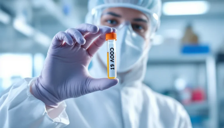 Scientifique en laboratoire tenant un échantillon de test COVID-19.